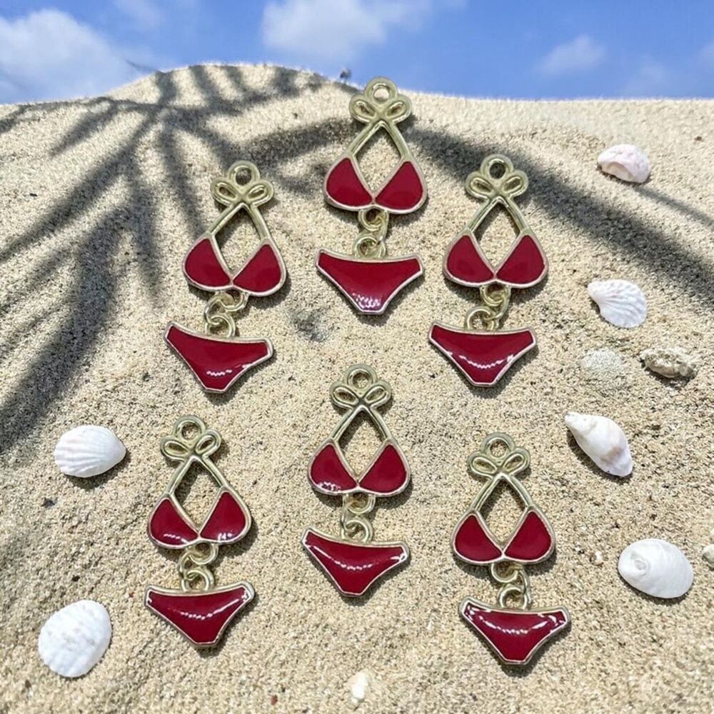 6pcs Beads for Jewelry Making Red Enamel Swimsuit Charm #18155- 4 sets left